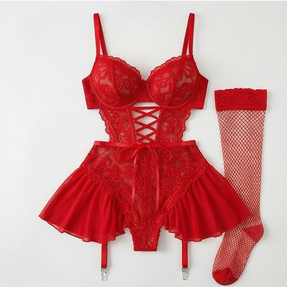 Nocturra™ – Lace Corset Nightgown Set with Fishnet Stockings