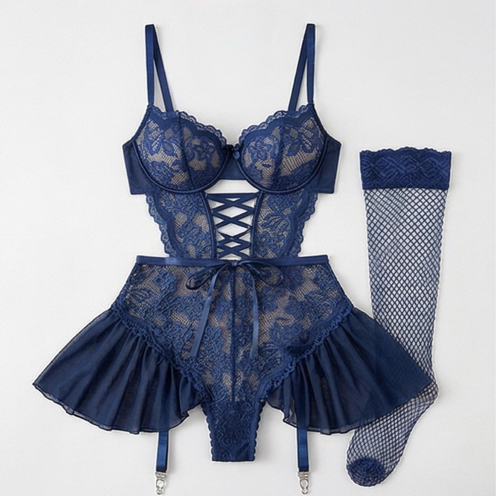 Nocturra™ – Lace Corset Nightgown Set with Fishnet Stockings