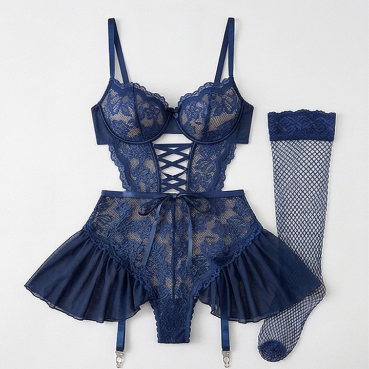 Nocturra™ – Lace Corset Nightgown Set with Fishnet Stockings