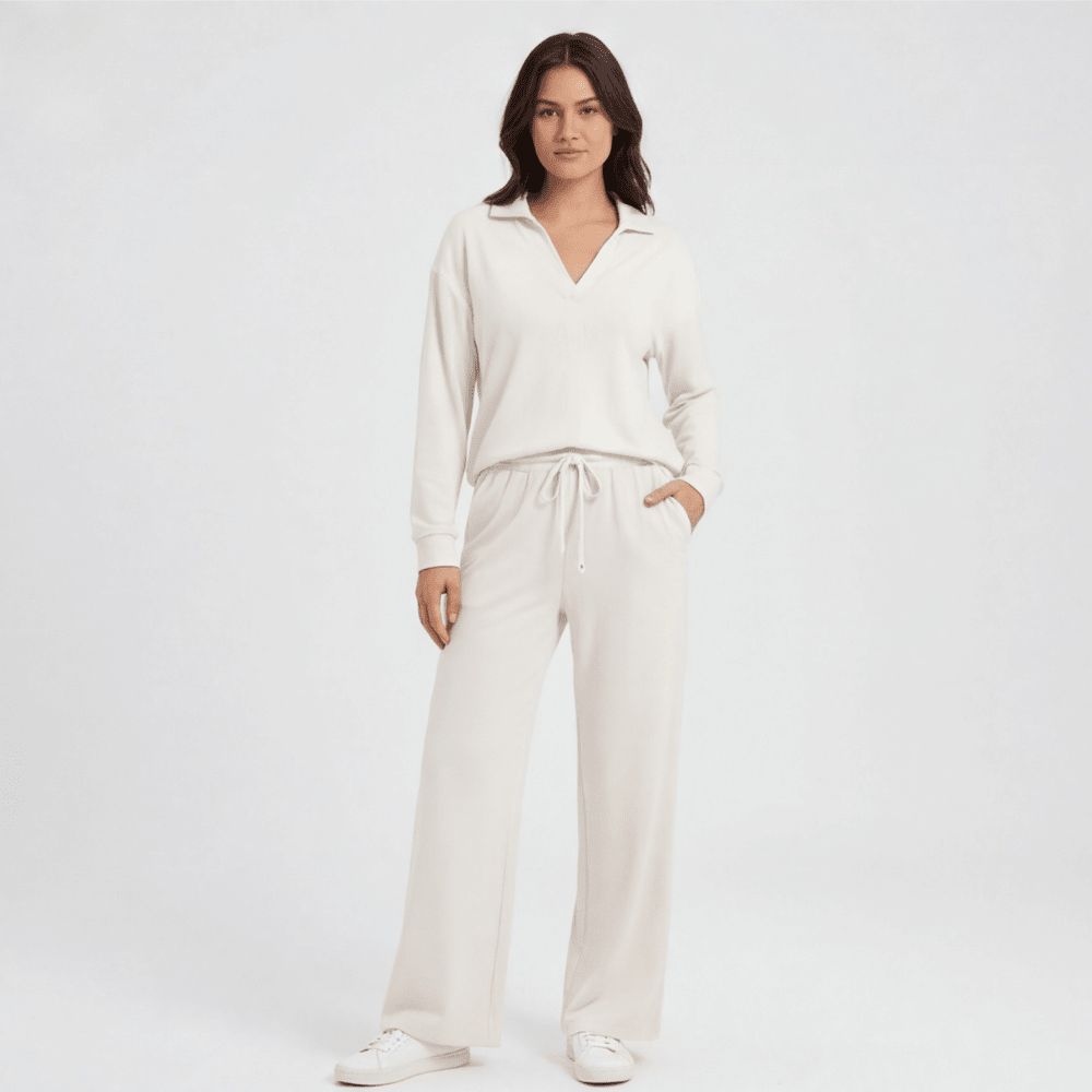 Veluna™ – Soft V-Neck Lounge Set with Wide Leg Pants