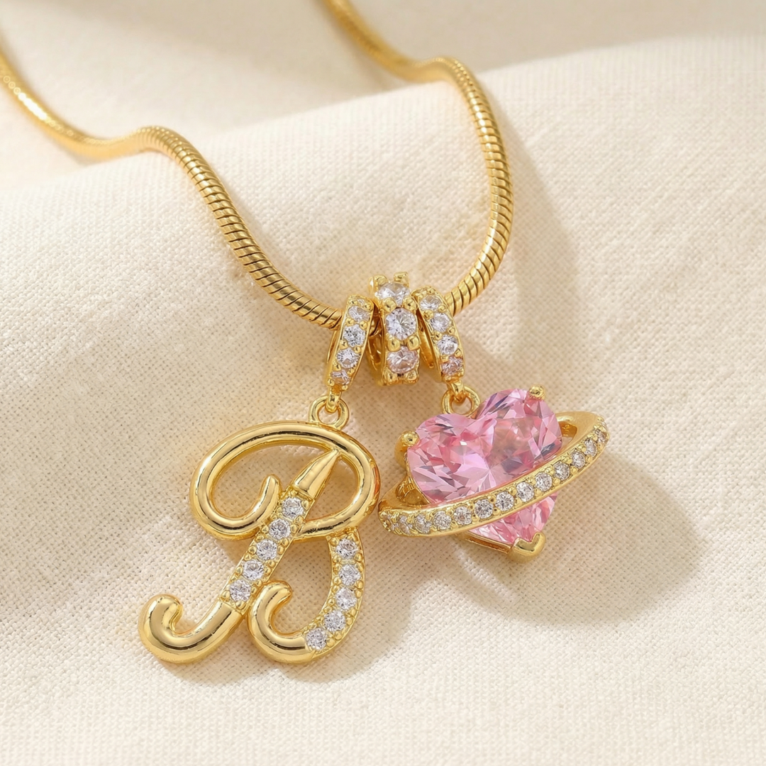 LUMARA™ - 3-Layer Initial Necklace with Pink Heart Zircon
