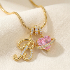 LUMARA™ - 3-Layer Initial Necklace with Pink Heart Zircon