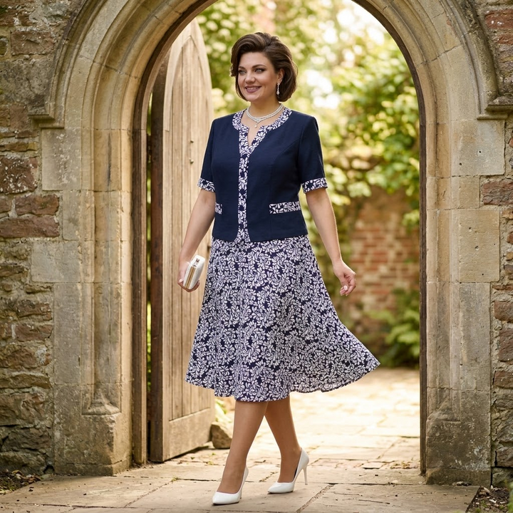 Maelyn™ Elegant Navy Floral Dress with Built-in Jacket