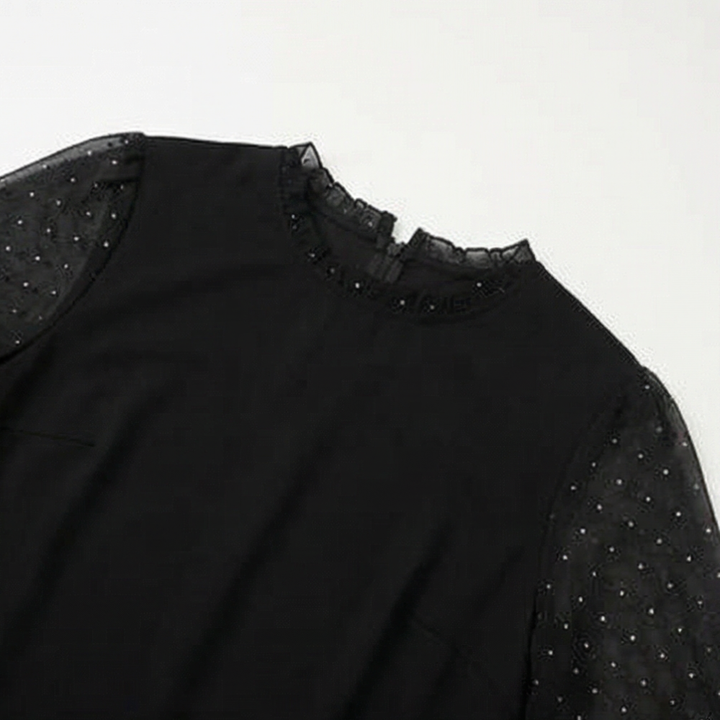 Lumiveil™ – Rhinestone Mesh Sleeve Dress with Ruffle Hem