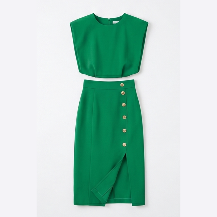 Velora™ Gold-Button Slit Midi Dress for Work and Evening