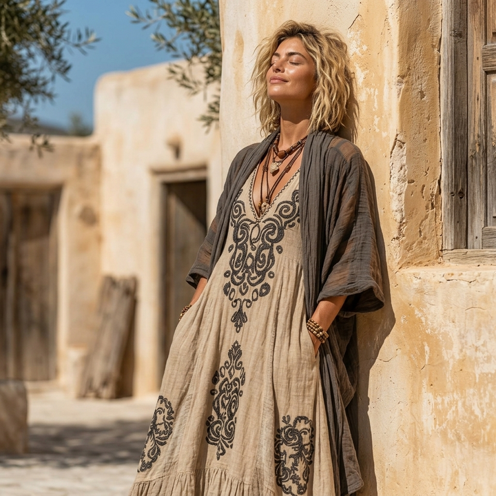Solenza™ — Embroidered Boho Maxi Dress & Kimono Set