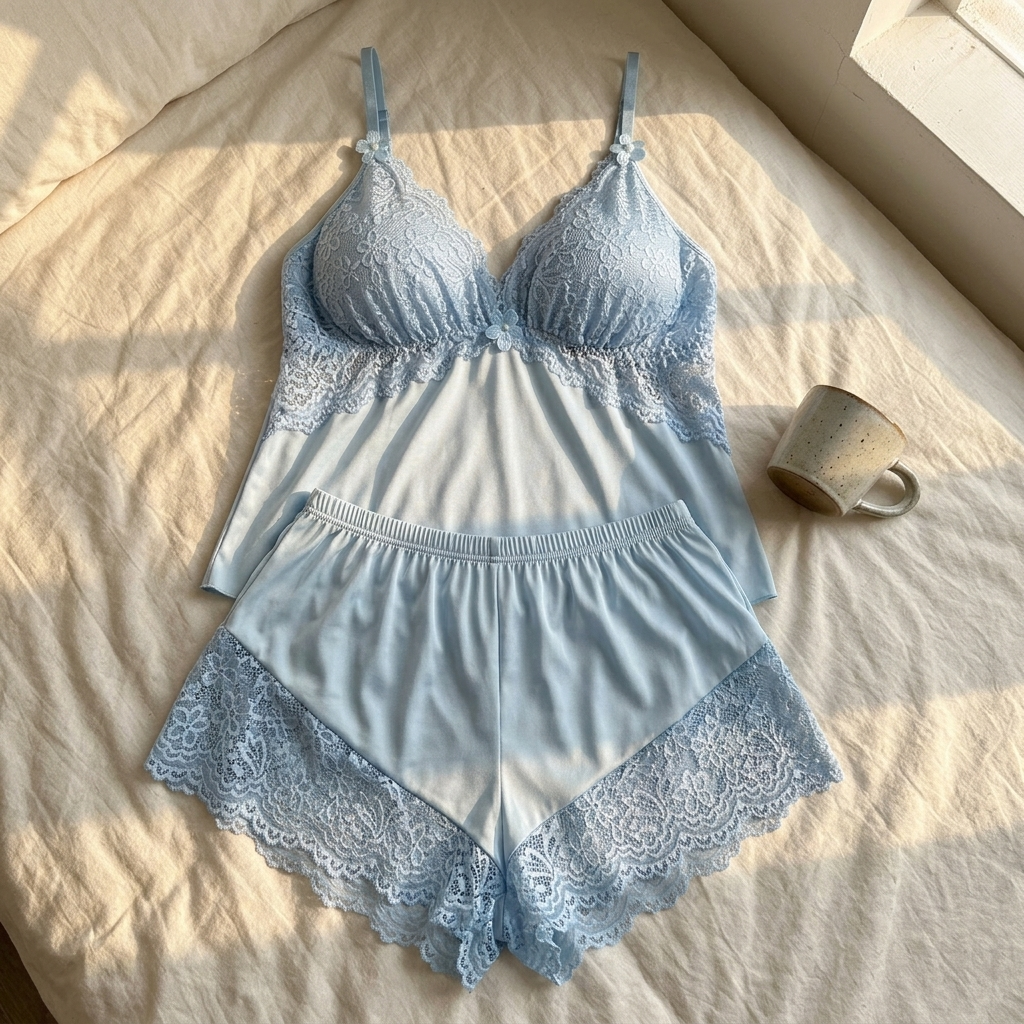 Lunessa™ — Lace Trim Satin Pajama Set