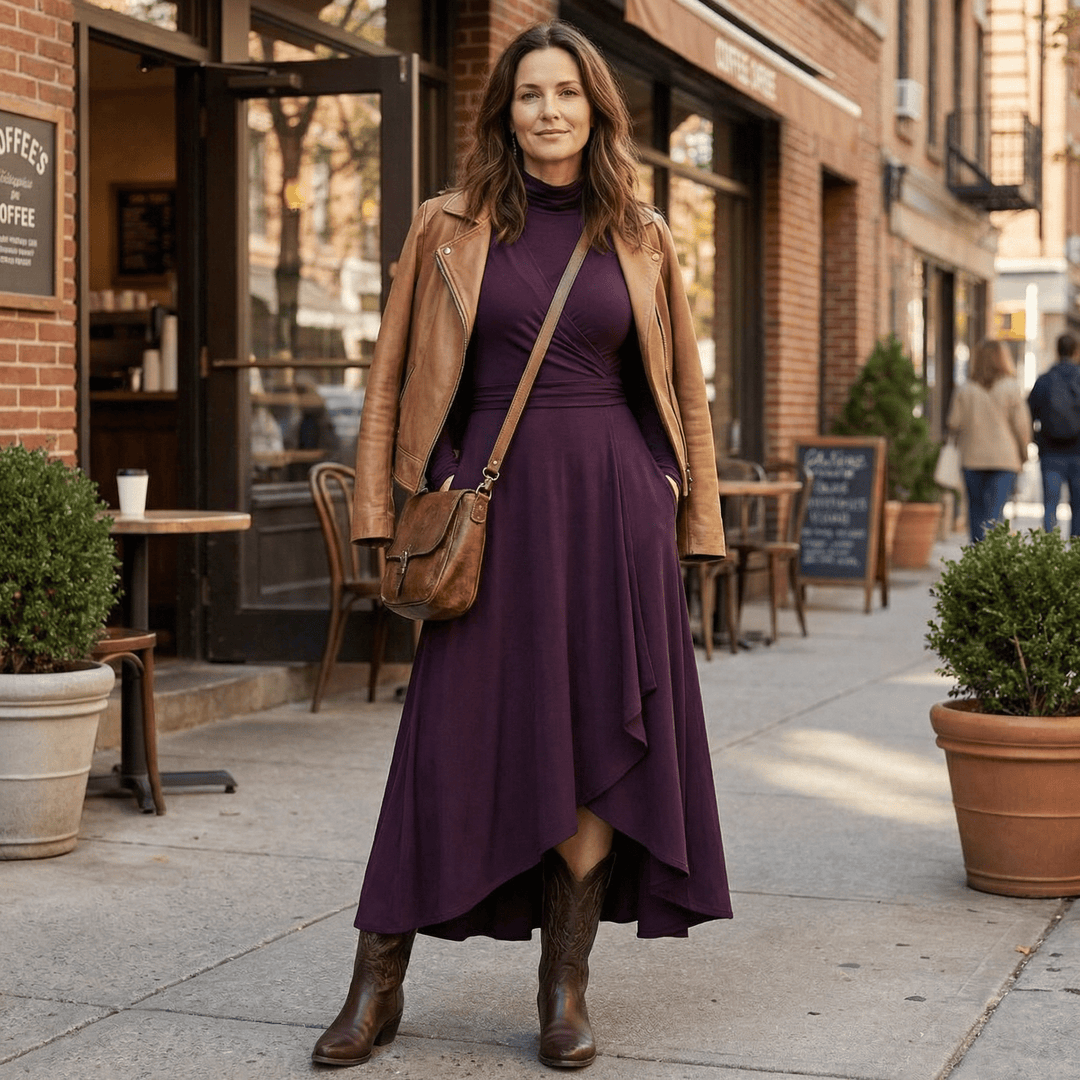 Florenne™ – Asymmetrical Draped High Neck Maxi Dress