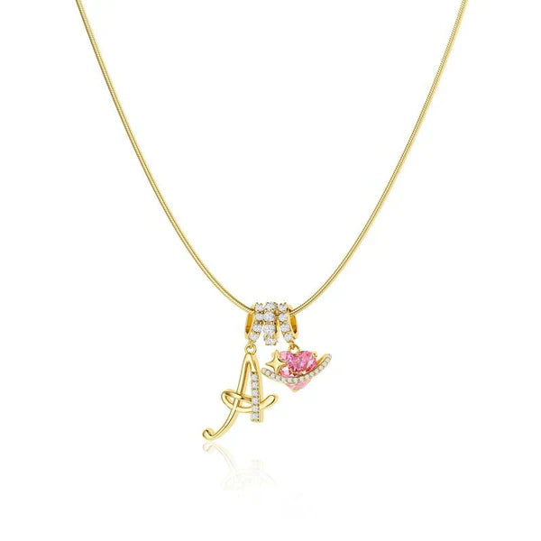 LUMARA™ - 3-Layer Initial Necklace with Pink Heart Zircon