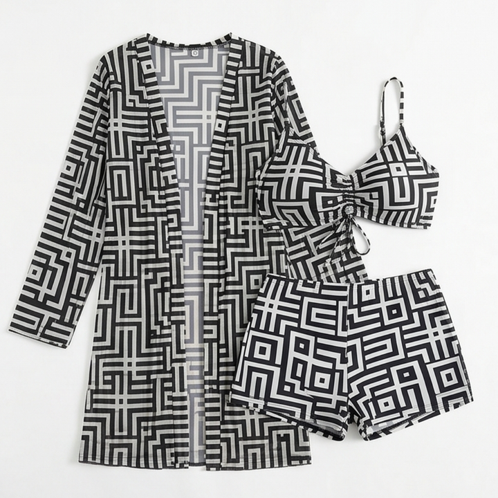 Solena™ 3 Piece Geometric Swim Set with Cover-up