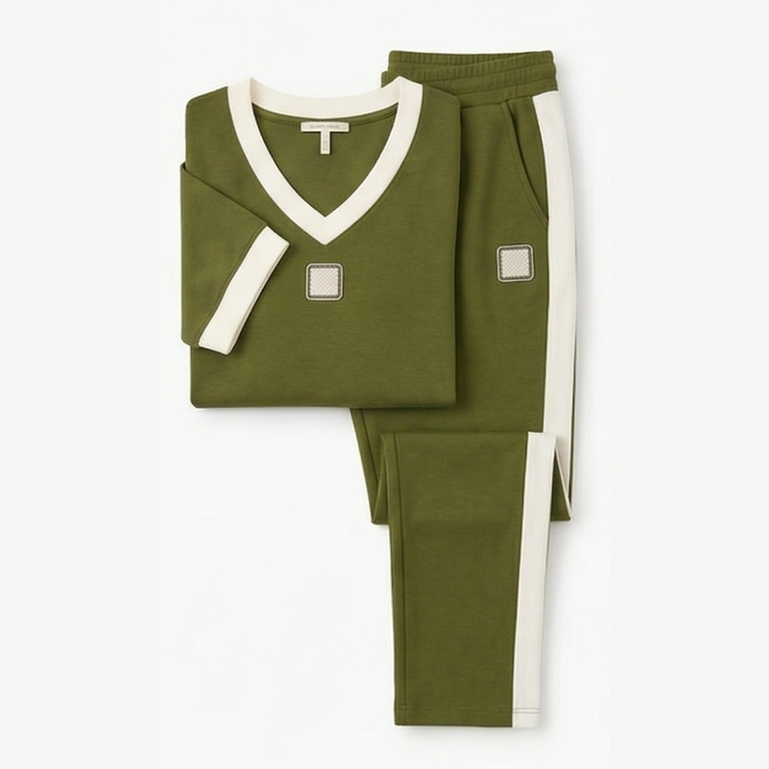 Ellara™ – Contrast Trim V-Neck and Pants Set