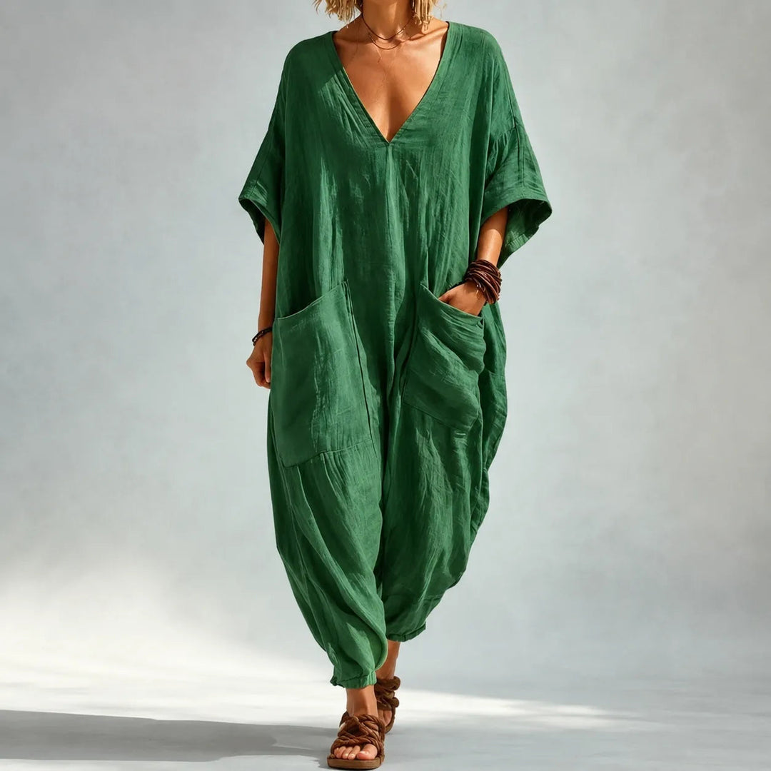 Solunya – Loose V-Neck Summer Jumpsuit with Deep Pockets, Batwing Sleeves, 6 Colors