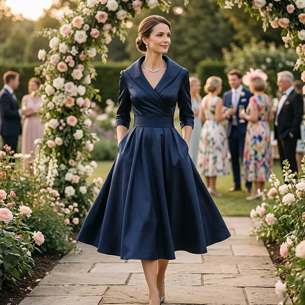 Vivessa™ – Vintage Satin Midi Dress with Draped Collar