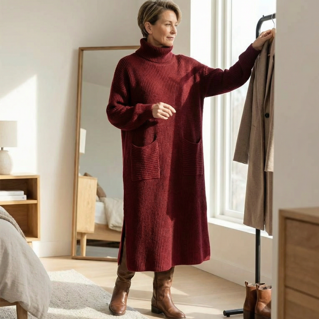 Velara™ - Relaxed Turtleneck Sweater Dress with Pockets