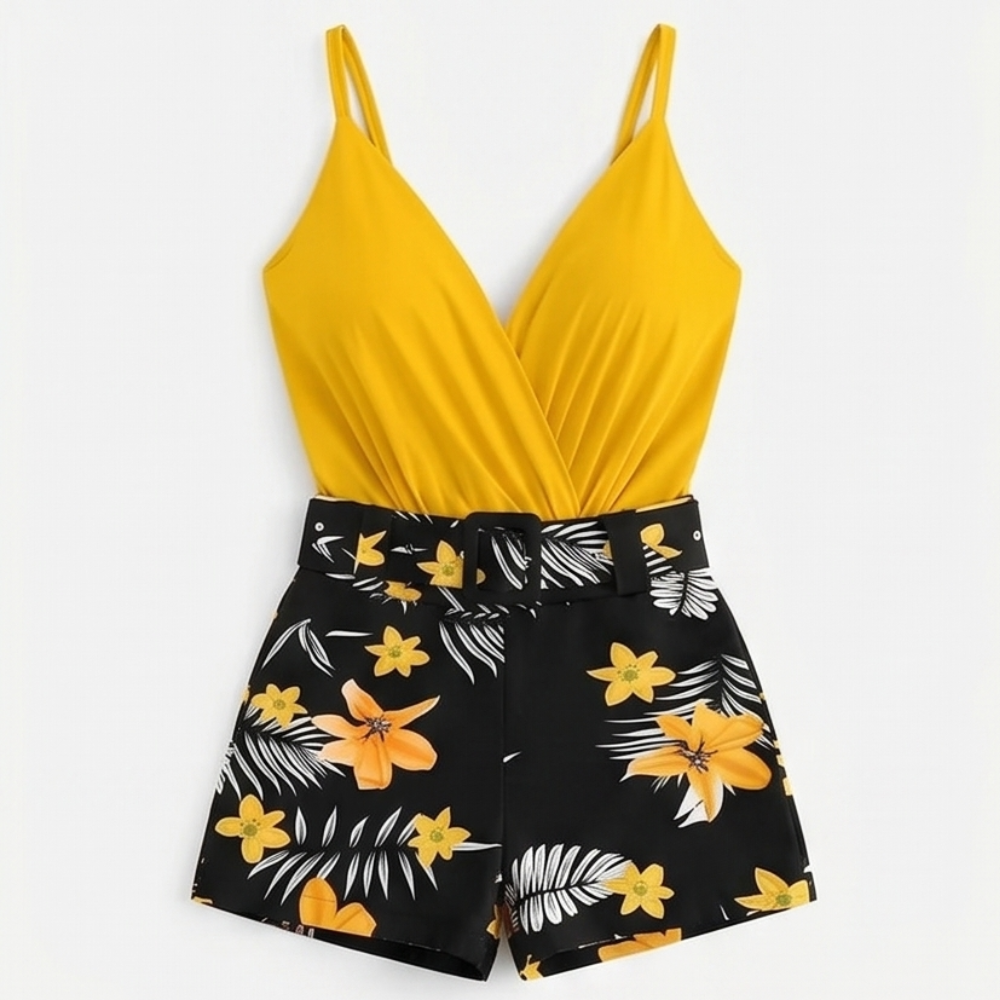 Clarendale™ Wrap V-Neck Summer Set with Floral Shorts