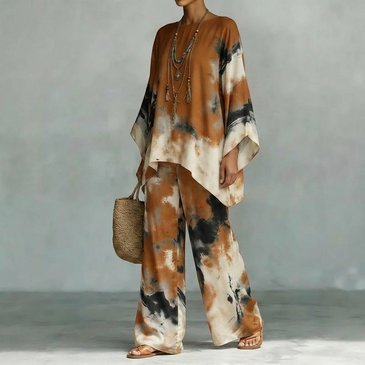 Aterra™ - Artistic Watercolor Tunic and Wide Leg Pants Set