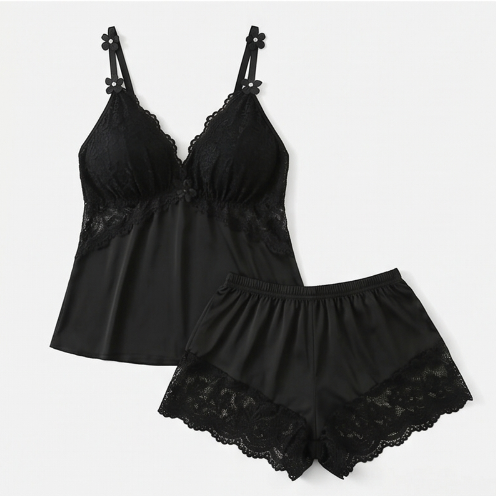 Lunessa™ — Lace Trim Satin Pajama Set
