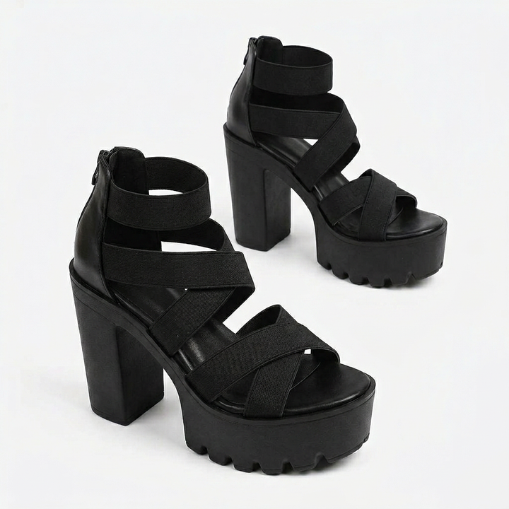 Zarelle™ - Cross-Strap Platform Heel Sandals with Hidden Back Zip