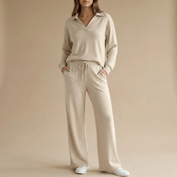 Veluna™ – Soft V-Neck Lounge Set with Wide Leg Pants