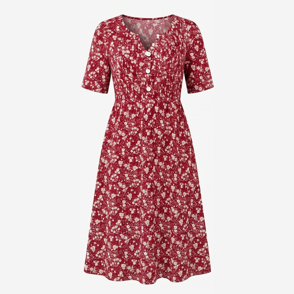 Soléra™ Floral V-Neck Midi Dress with Pockets