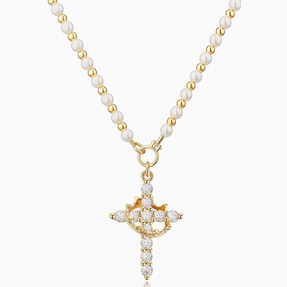 Crownara™ – Crown Cross Pearl Bead Necklace