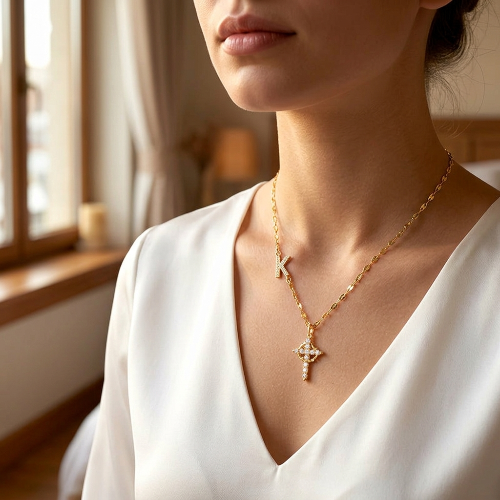 Aurela™ – Sparkling Initial Cross Necklace