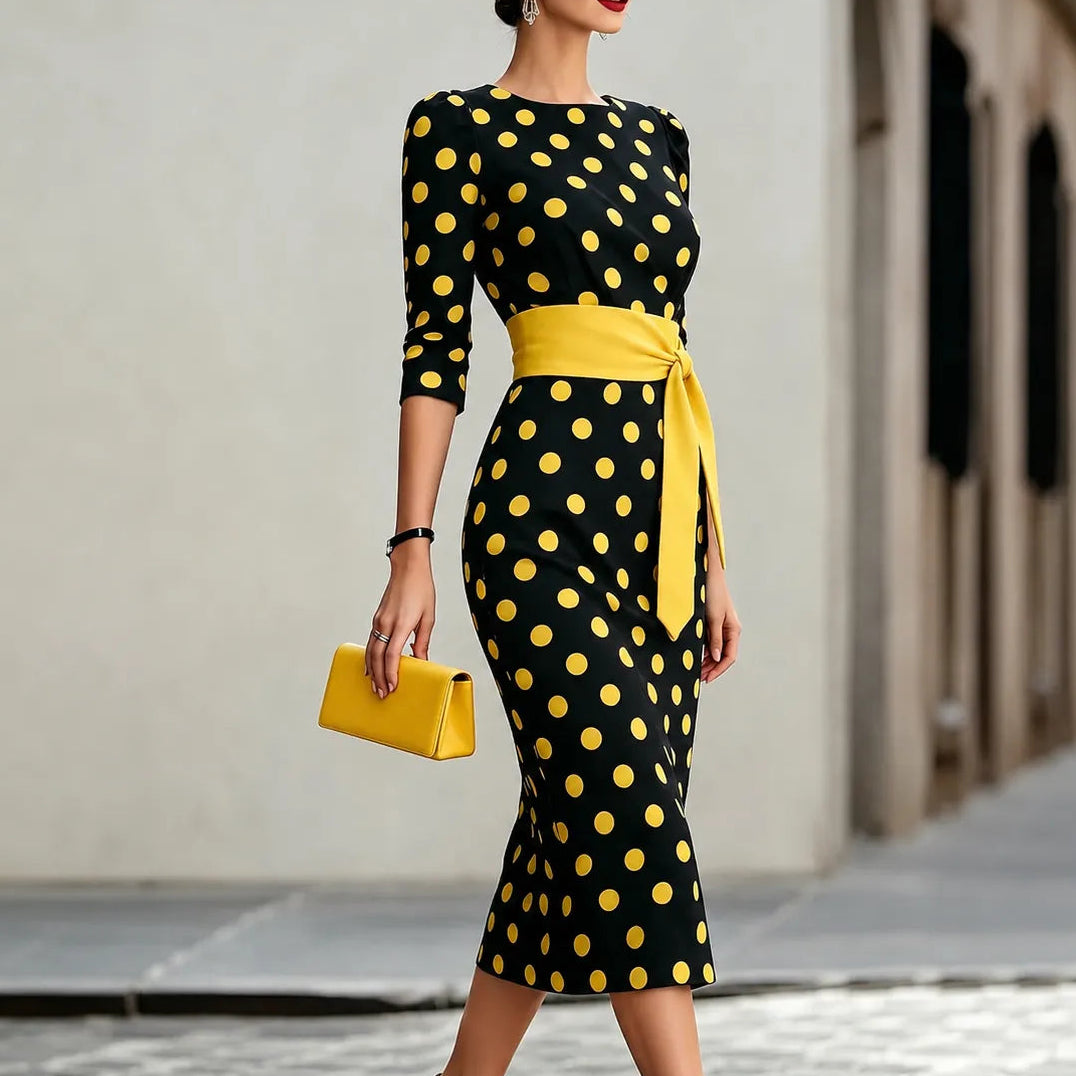 Belora – Retro Polka Dot Midi Dress with Belted Waist