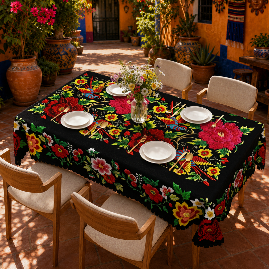 Casamora – Mexican Floral Embroidered Tablecloth with Scalloped Edge