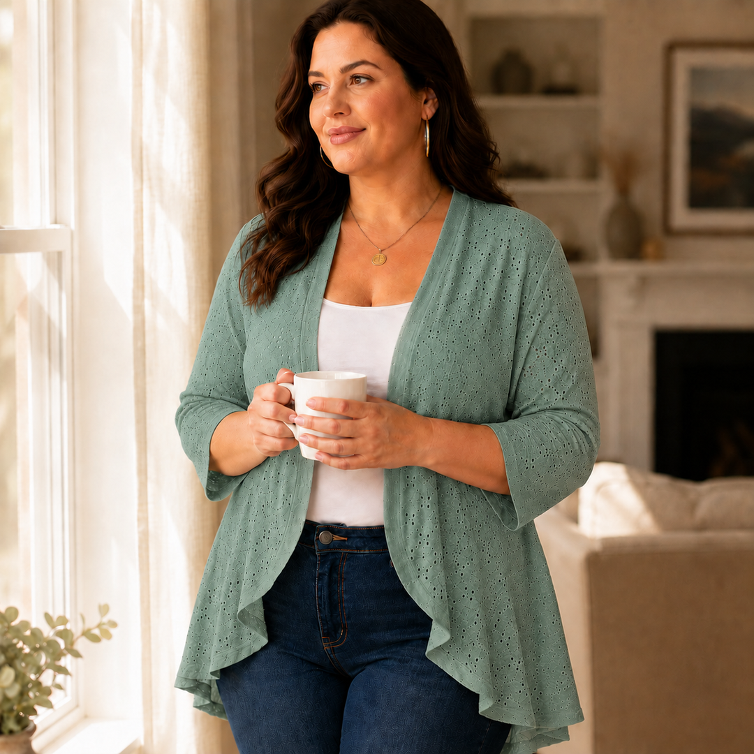 Veluna™ – Lightweight Eyelet Open-Front Cardigan for Women, 3/4 Sleeve Ruffle Hem Summer Layer