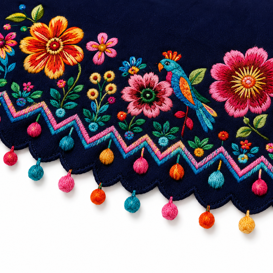 Casamora – Mexican Floral Embroidered Tablecloth with Scalloped Edge