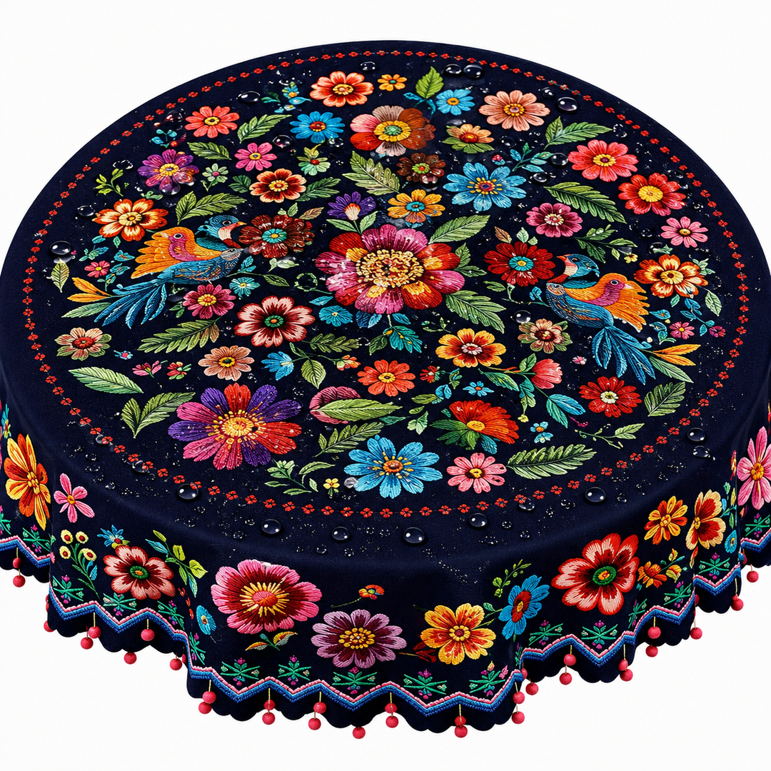 Casamora – Mexican Floral Embroidered Tablecloth with Scalloped Edge