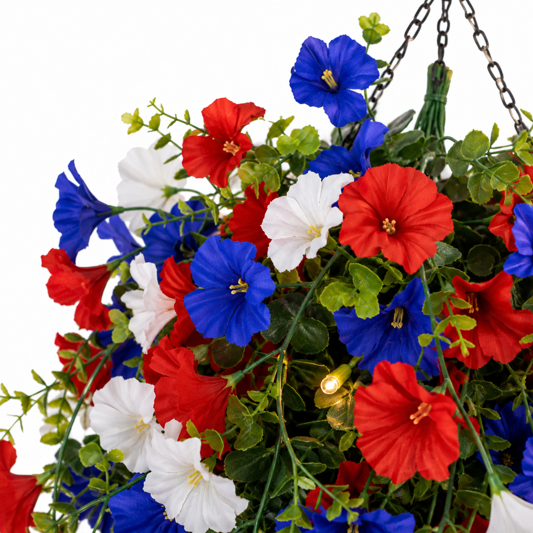 Liberty Bloom – Patriotic Hanging Flower Basket with LED Lights, Red White Blue Silk Blooms for July 4th Porch Decor