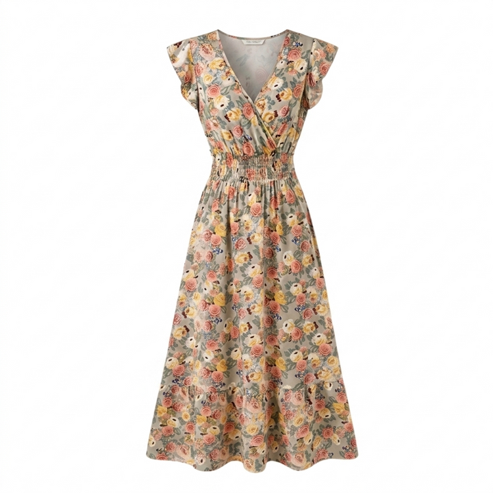 Florenza™ – Floral V-Neck Smocked Waist Midi Dress