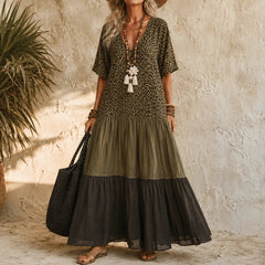 Marenza – Boho Tiered Maxi Dress with Leopard Bodice, Color-Block Skirt, V-Neck