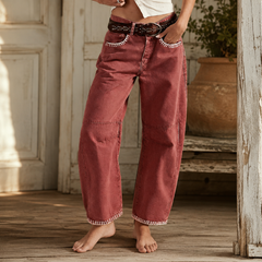 Virella™ – Whipstitch Barrel Leg Jeans for Women, Mid Rise Curved Pants
