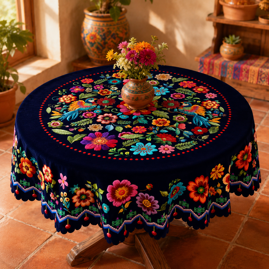 Casamora – Mexican Floral Embroidered Tablecloth with Scalloped Edge