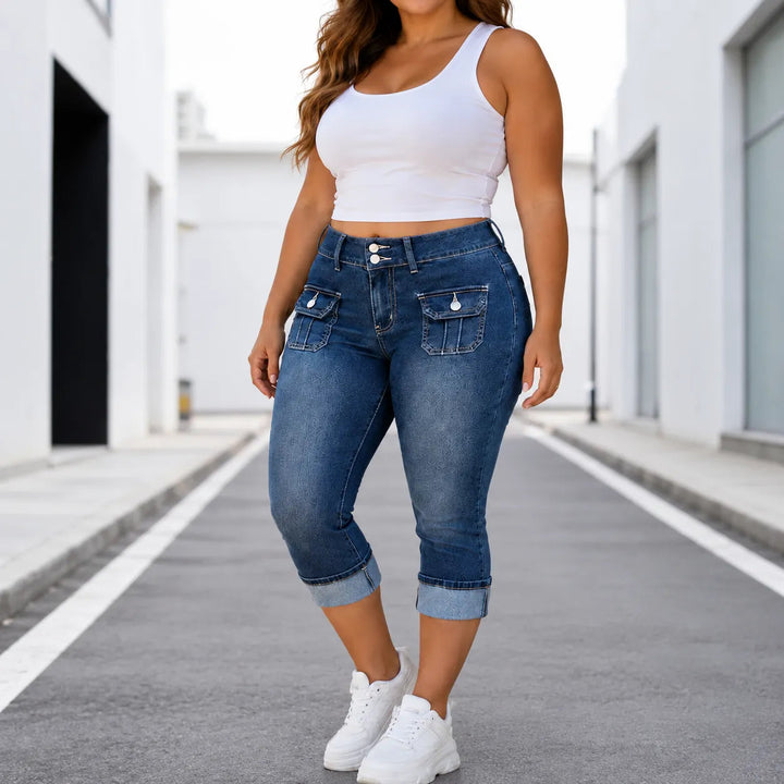 Curvella – Curvy Fit Stretch Denim Capri Jeans, Mid Rise Cuffed Hem