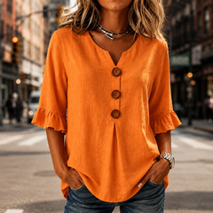 Laurelle™ – V-Neck Ruffle Sleeve Blouse with Wooden Buttons