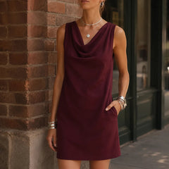 Solenne – Cowl Neck Mini Dress with Pockets, Slim Fit Sleeveless Shift