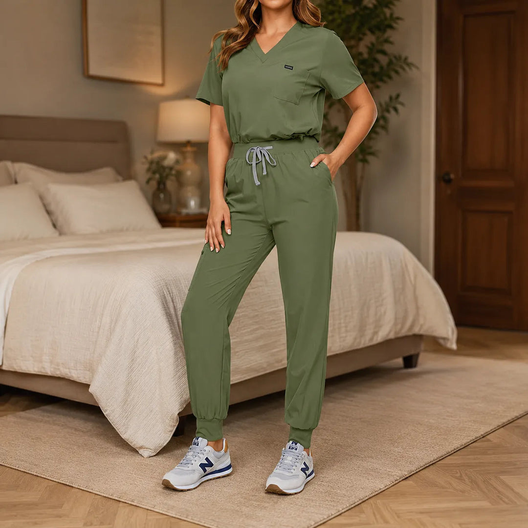 Corelle – V-Neck Jogger Scrub Set with Drawstring Waist and Pockets