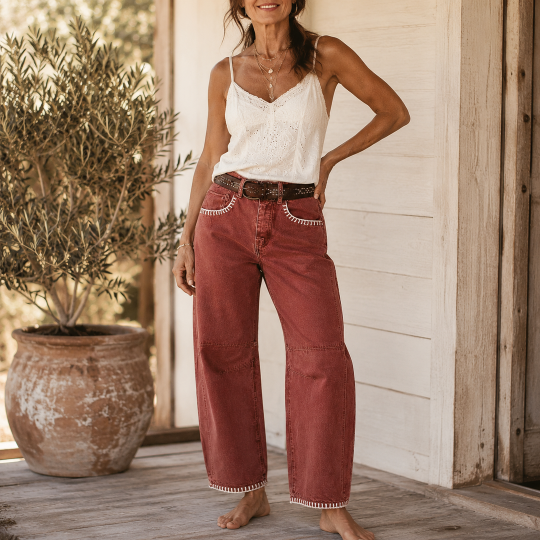 Virella™ – Whipstitch Barrel Leg Jeans for Women, Mid Rise Curved Pants