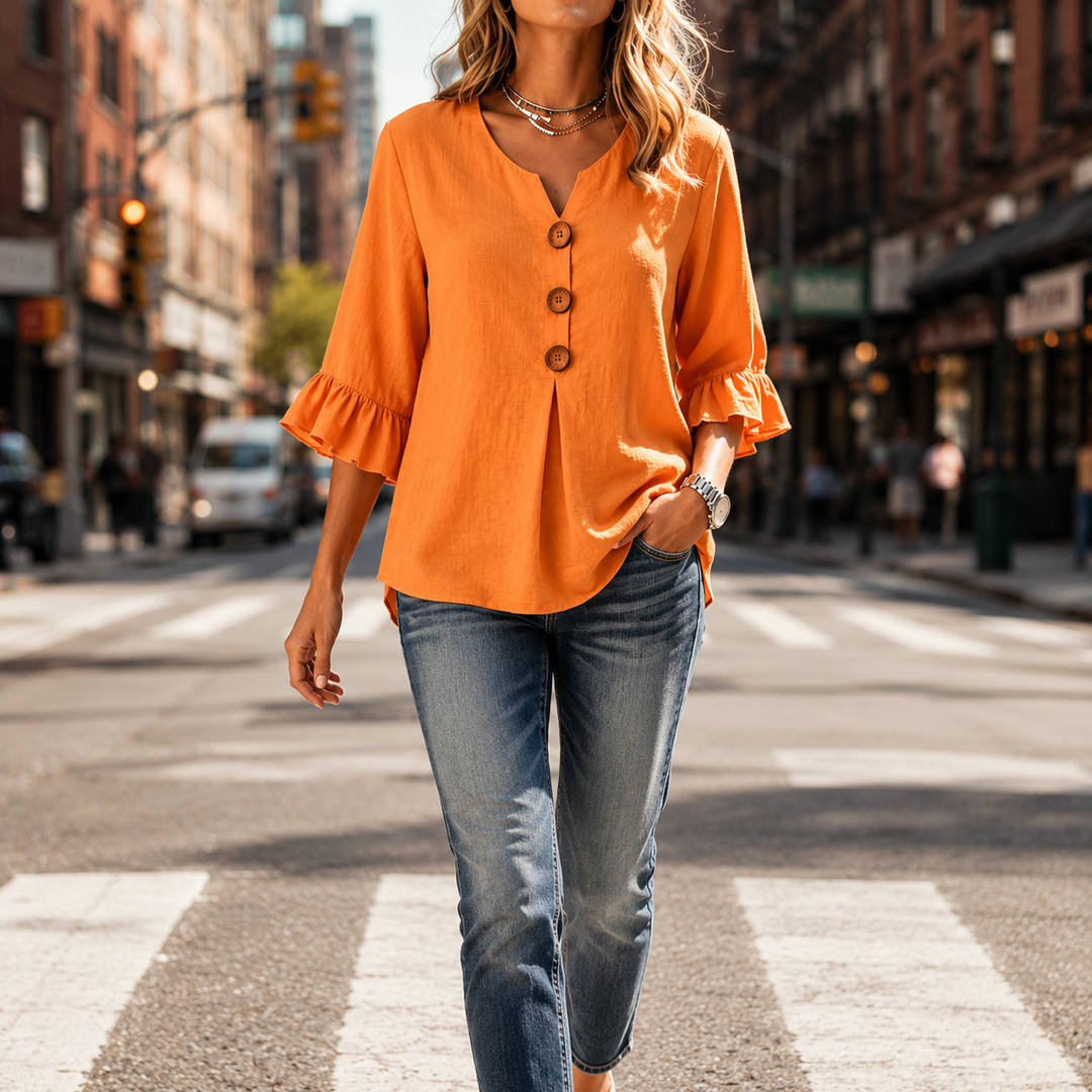 Laurelle™ – V-Neck Ruffle Sleeve Blouse with Wooden Buttons