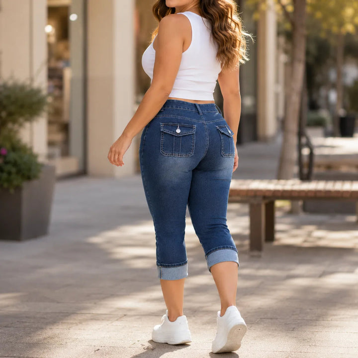 Curvella – Curvy Fit Stretch Denim Capri Jeans, Mid Rise Cuffed Hem