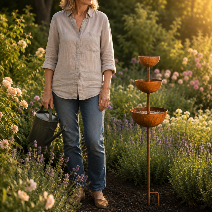 Birdwell™ – Rustic Iron Bird Bath Garden Stake with 3 Cascading Bowls