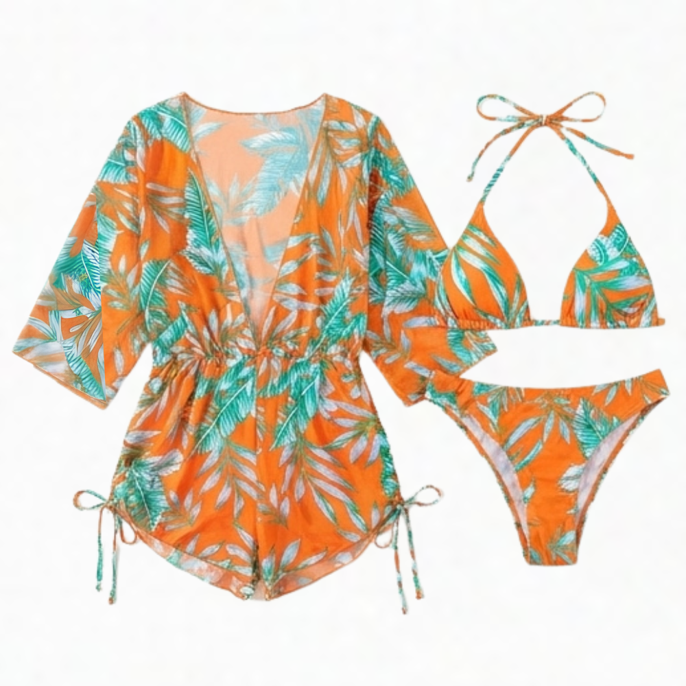 Lunavera™ – Tropical 3-Piece Swim Set with Kimono Cover