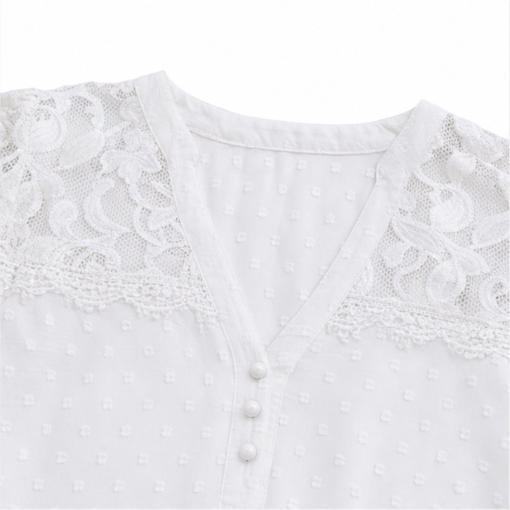 Florenza – Lace-like Shoulder Puff Sleeve V-Neck Blouse for Women