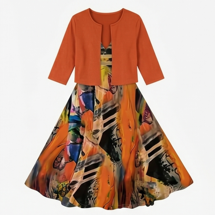 Phaeline™ - Printed Midi Dress with Attached Cardigan