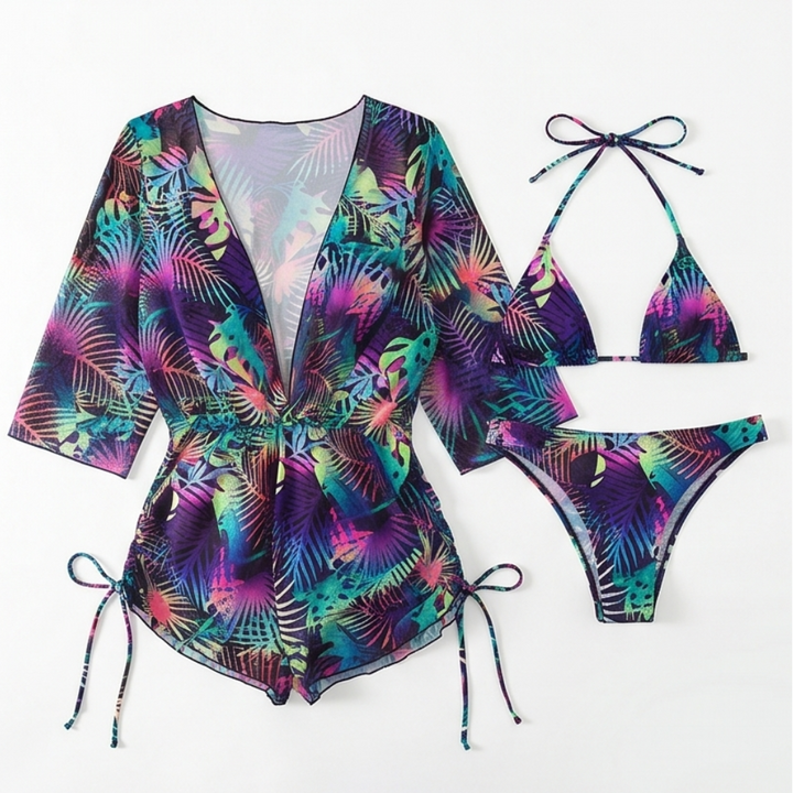 Lunavera™ – Tropical 3-Piece Swim Set with Kimono Cover