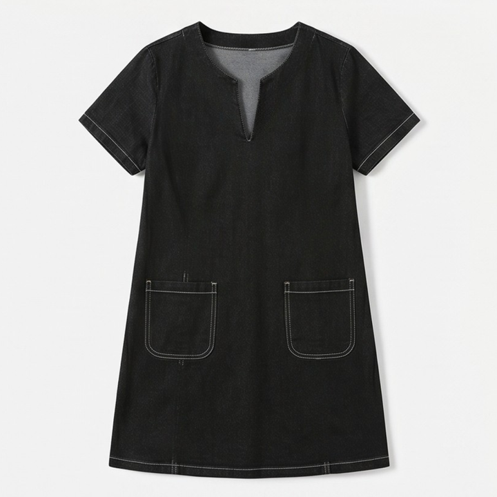 Aurelene™ – V-Neck Denim Dress with Pockets