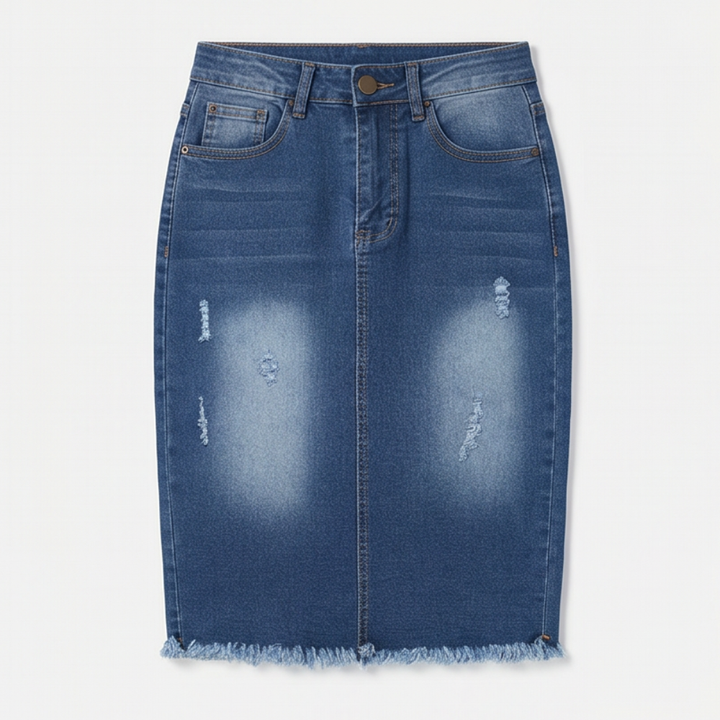 Veluna™ – Curve-Flattering Frayed Hem Denim Skirt